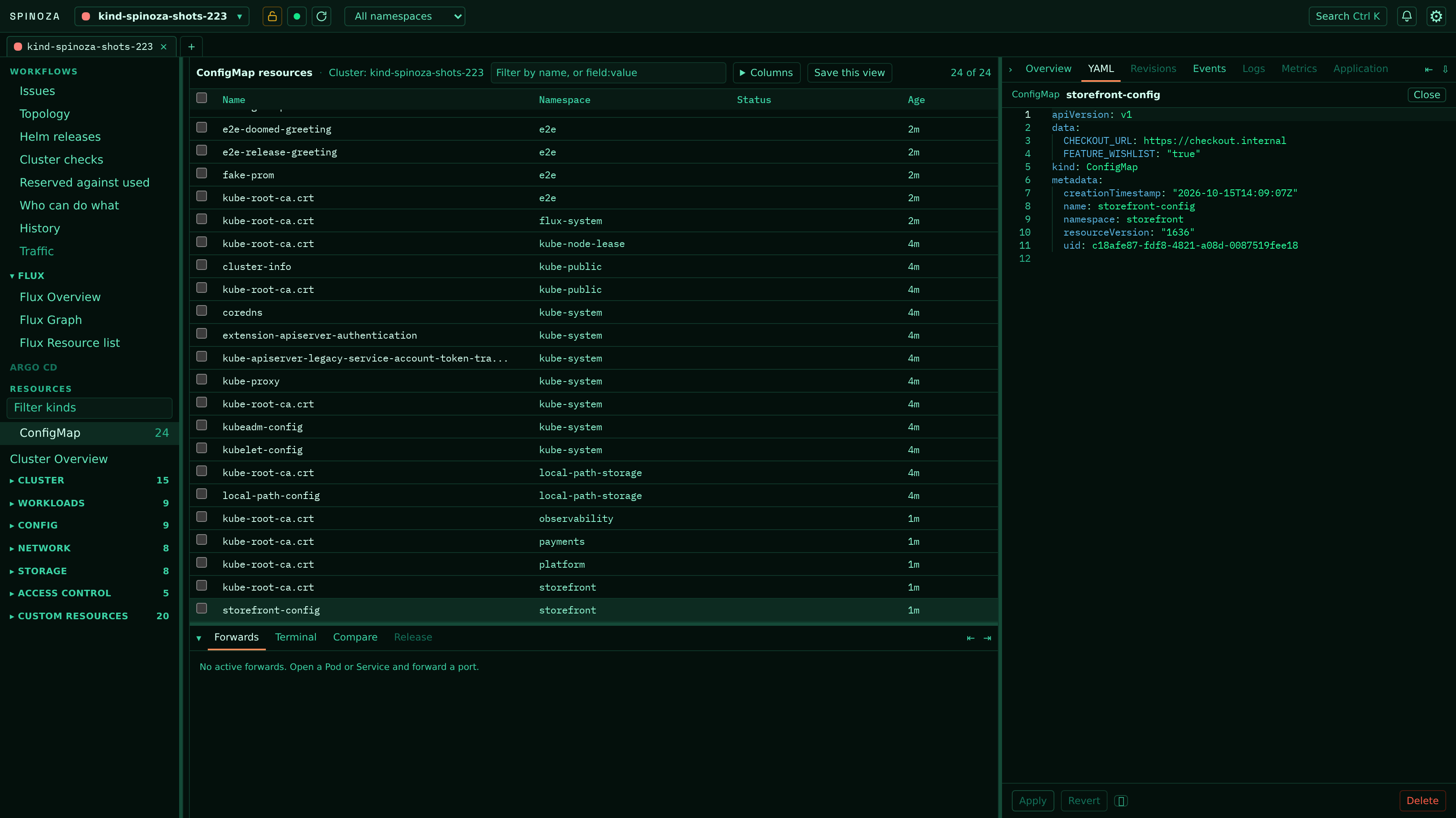 Spinoza ConfigMap resources table with the inspector open on the object's live YAML in Monaco, with apply, revert and delete
