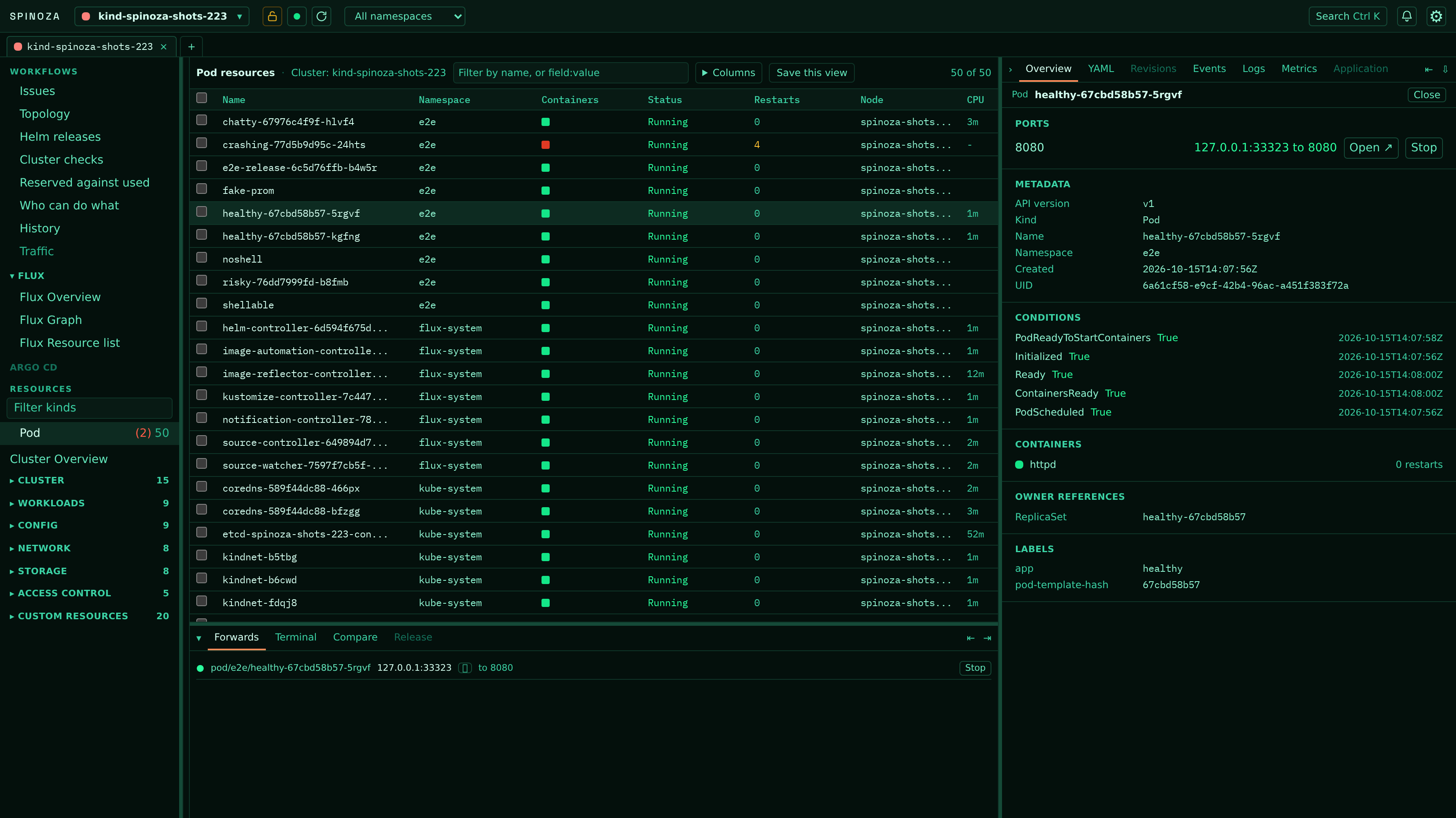 Spinoza pods table with the inspector open on a running pod: its container port forwarded to a local port with open and stop controls, and the forward listed in the dock below